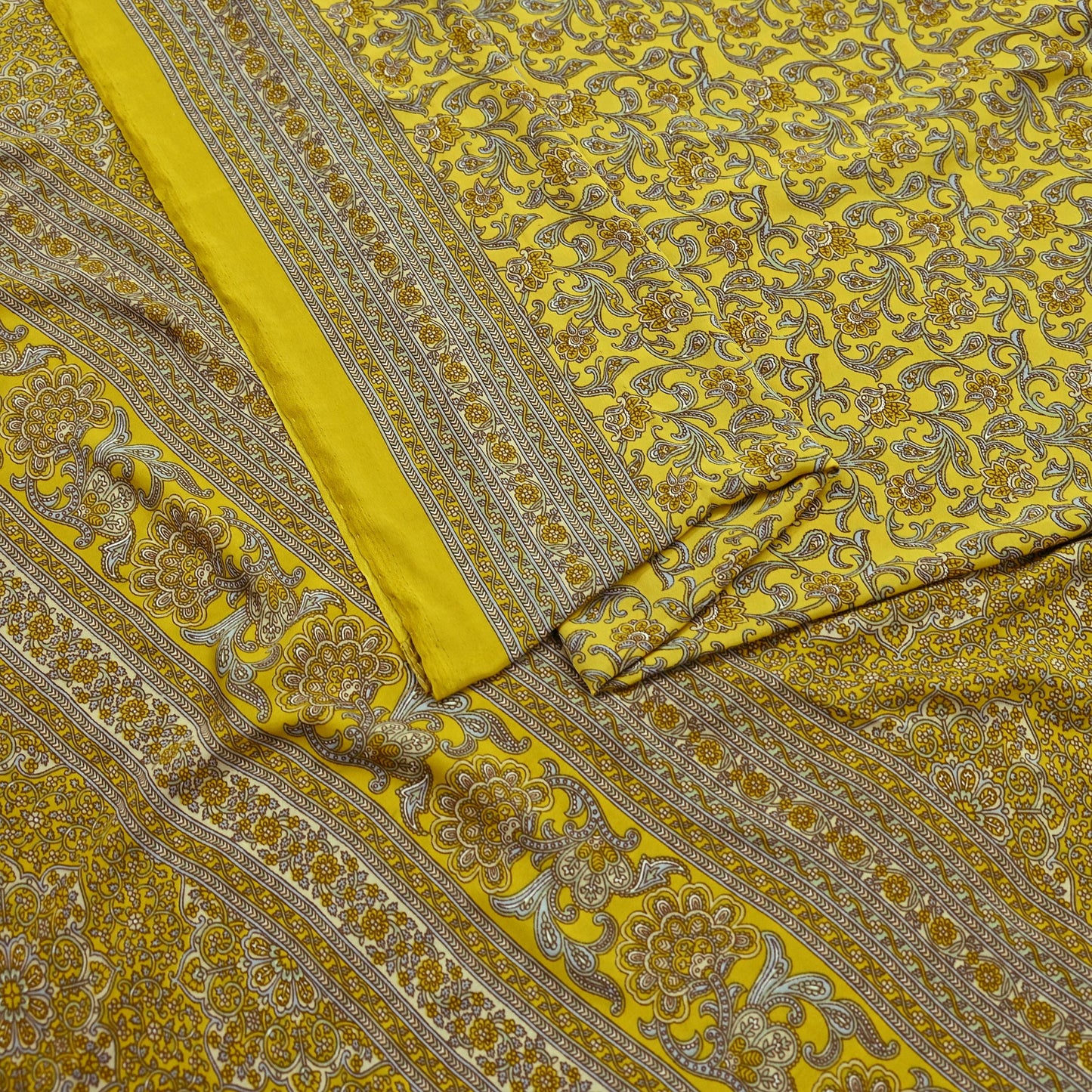 Indian Vintage Sari Yellow Moss Crepe Printed Sarees 5yd Craft Fabric Sewing Floral Soft Dress making Quilting Crafting Upcycle Used