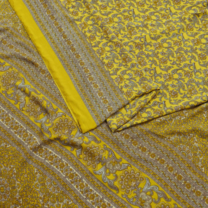 Indian Vintage Sari Yellow Moss Crepe Printed Sarees 5yd Craft Fabric Sewing Floral Soft Dress making Quilting Crafting Upcycle Used