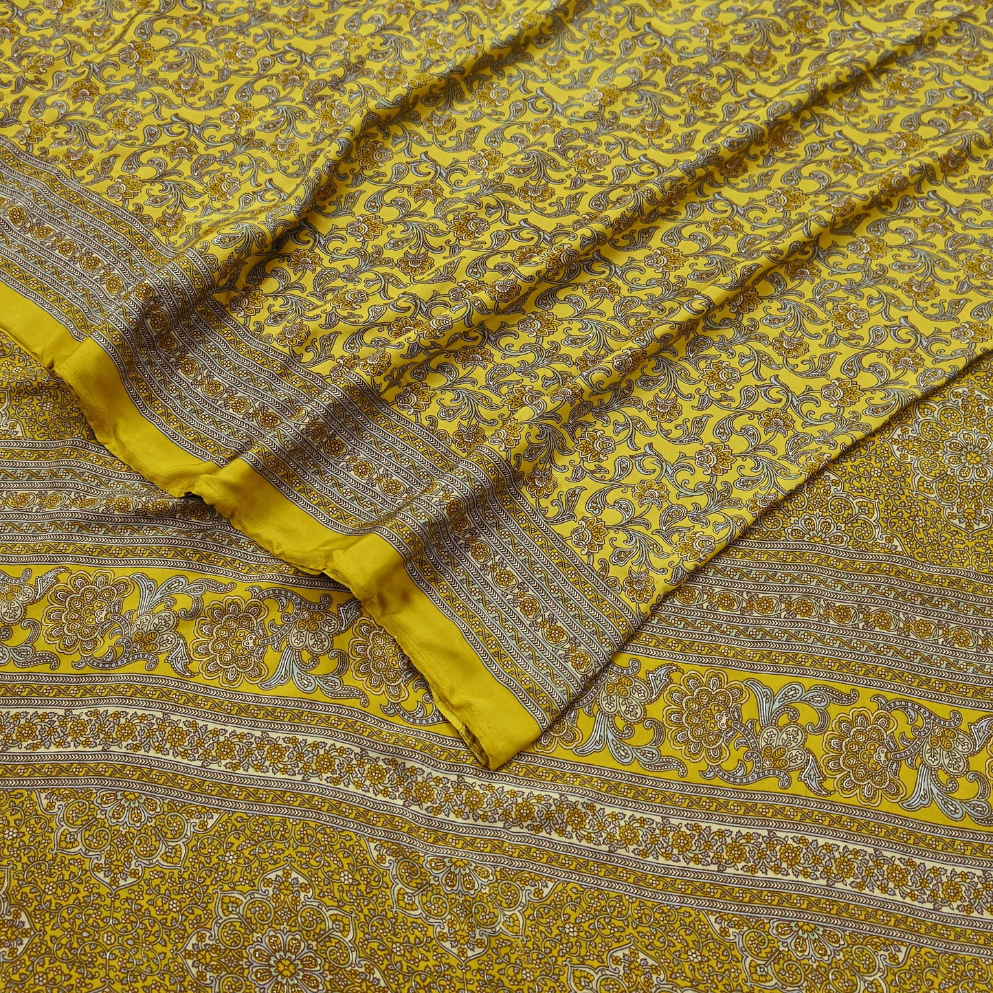 Indian Vintage Sari Yellow Moss Crepe Printed Sarees 5yd Craft Fabric Sewing Floral Soft Dress making Quilting Crafting Upcycle Used