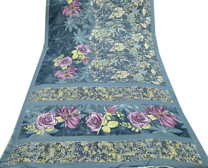 Indian Vintage Gray Sarees Moss Crepe Printed Sari 5yd Sewing Floral Soft Craft Fabric DressMaking For Crafting Quilting Upcycle