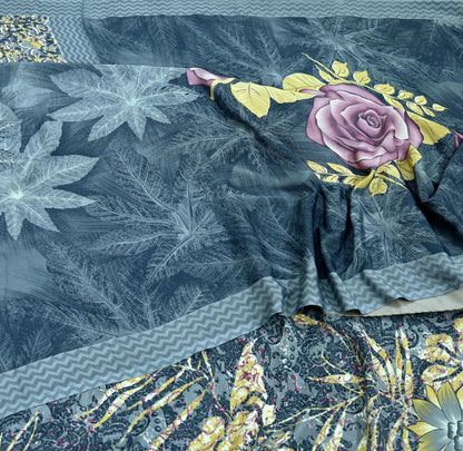 Indian Vintage Gray Sarees Moss Crepe Printed Sari 5yd Sewing Floral Soft Craft Fabric DressMaking For Crafting Quilting Upcycle