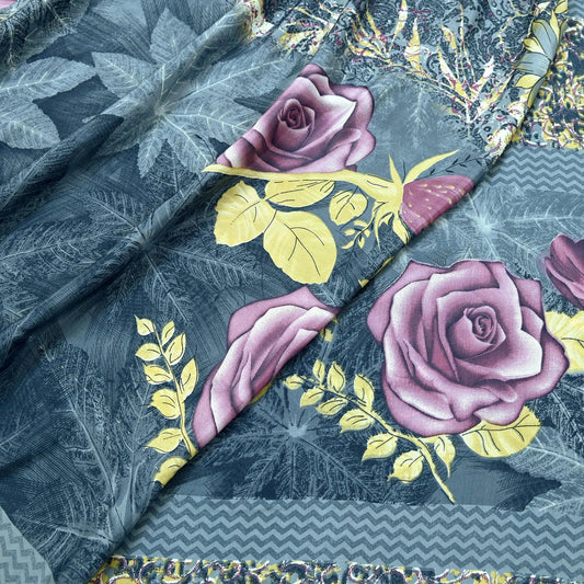 Indian Vintage Gray Sarees Moss Crepe Printed Sari 5yd Sewing Floral Soft Craft Fabric DressMaking For Crafting Quilting Upcycle