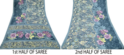 Indian Vintage Gray Sarees Moss Crepe Printed Sari 5yd Sewing Floral Soft Craft Fabric DressMaking For Crafting Quilting Upcycle
