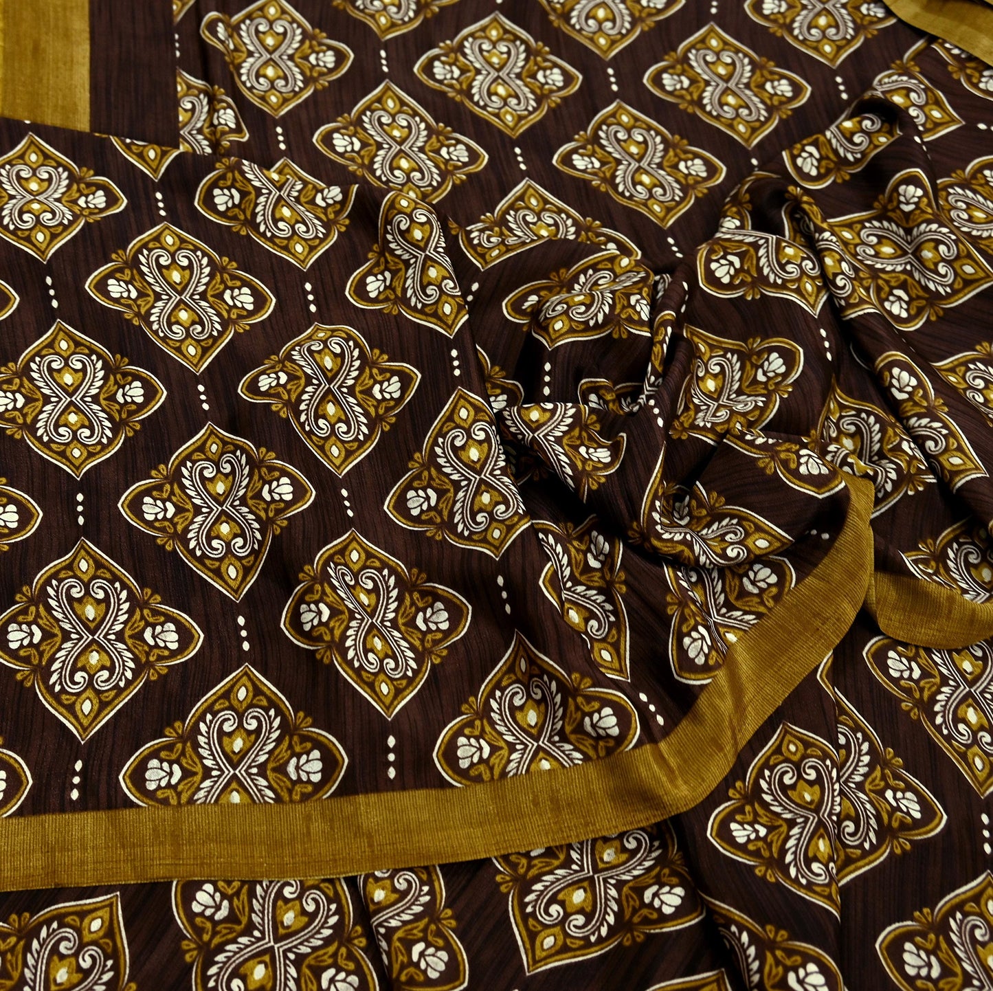 Indian Vintage Saree Brown Moss Crepe Printed Sari Fabric 6yd Sewing Floral Soft Craft Fabric Dressmaking Quilting For Crafting