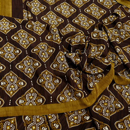 Indian Vintage Saree Brown Moss Crepe Printed Sari Fabric 6yd Sewing Floral Soft Craft Fabric Dressmaking Quilting For Crafting