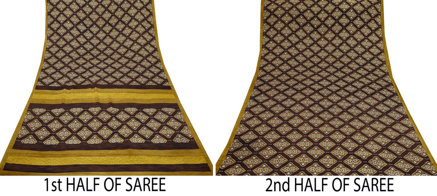 Indian Vintage Saree Brown Moss Crepe Printed Sari Fabric 6yd Sewing Floral Soft Craft Fabric Dressmaking Quilting For Crafting