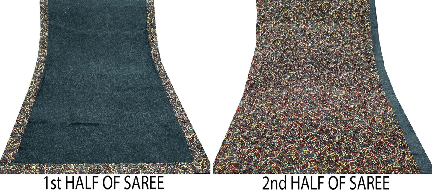 Indian Vintage Beige & Gray Sarees Moss Crepe Printed Sari 6yd Sewing Floral Soft Craft Fabric DressMaking For Crafting Quilting Upcycle