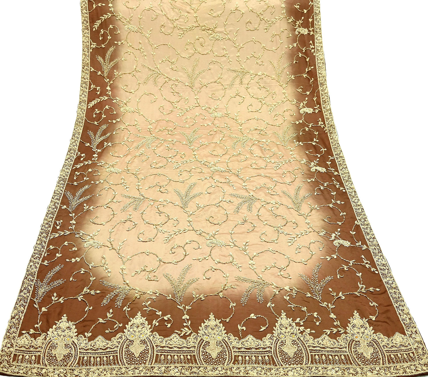 Indian Vintage Heavy Wedding Golden & Brown Dupatta Pure Satin Silk Long Stole Hand Embroidered Scarves Golden Zardozi Veil