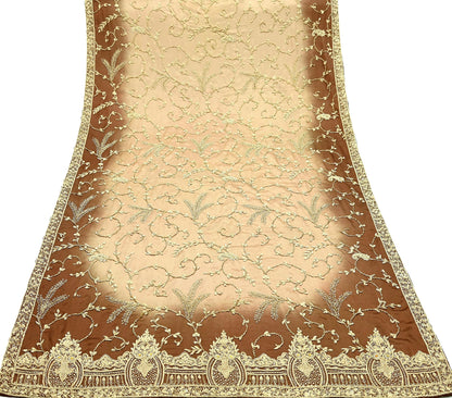 Indian Vintage Heavy Wedding Golden & Brown Dupatta Pure Satin Silk Long Stole Hand Embroidered Scarves Golden Zardozi Veil