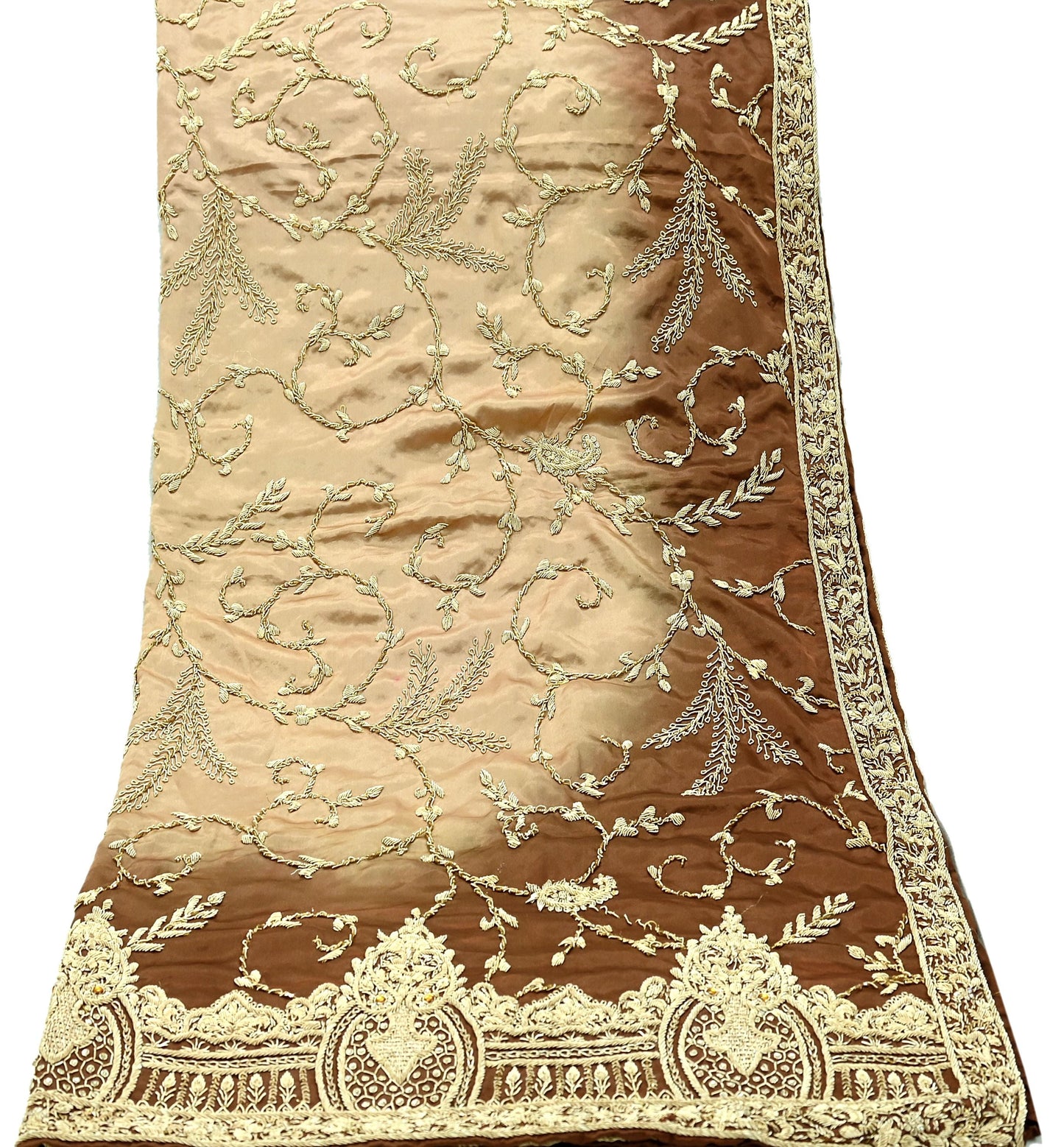 Indian Vintage Heavy Wedding Golden & Brown Dupatta Pure Satin Silk Long Stole Hand Embroidered Scarves Golden Zardozi Veil