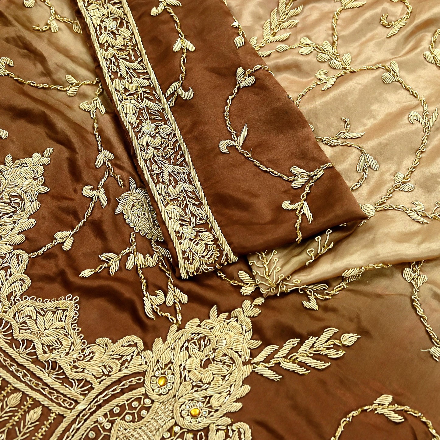 Indian Vintage Heavy Wedding Golden & Brown Dupatta Pure Satin Silk Long Stole Hand Embroidered Scarves Golden Zardozi Veil