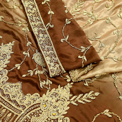 Indian Vintage Heavy Wedding Golden & Brown Dupatta Pure Satin Silk Long Stole Hand Embroidered Scarves Golden Zardozi Veil
