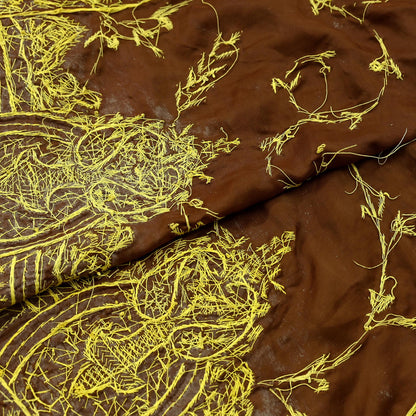 Indian Vintage Heavy Wedding Golden & Brown Dupatta Pure Satin Silk Long Stole Hand Embroidered Scarves Golden Zardozi Veil