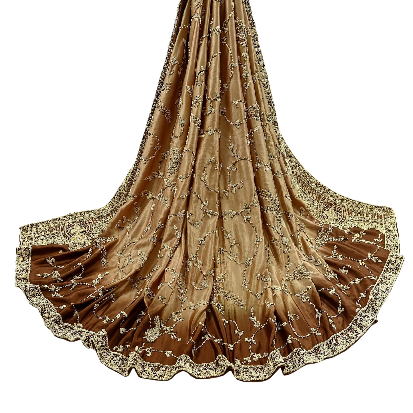 Indian Vintage Heavy Wedding Golden & Brown Dupatta Pure Satin Silk Long Stole Hand Embroidered Scarves Golden Zardozi Veil