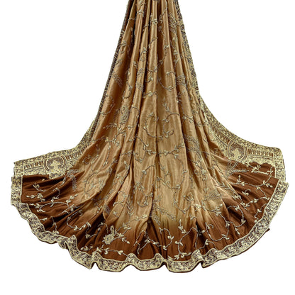 Indian Vintage Heavy Wedding Golden & Brown Dupatta Pure Satin Silk Long Stole Hand Embroidered Scarves Golden Zardozi Veil