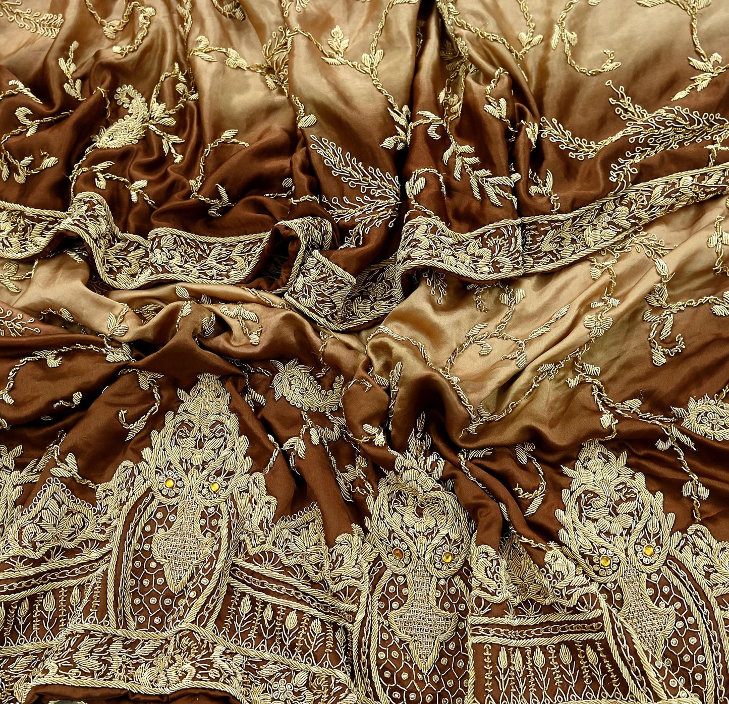 Indian Vintage Heavy Wedding Golden & Brown Dupatta Pure Satin Silk Long Stole Hand Embroidered Scarves Golden Zardozi Veil