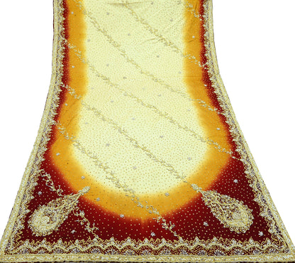 Indian Vintage Heavy Wedding Dupatta Pure Satin Silk Long Stole Hand Embroidered Scarves Golden Zardozi Veil