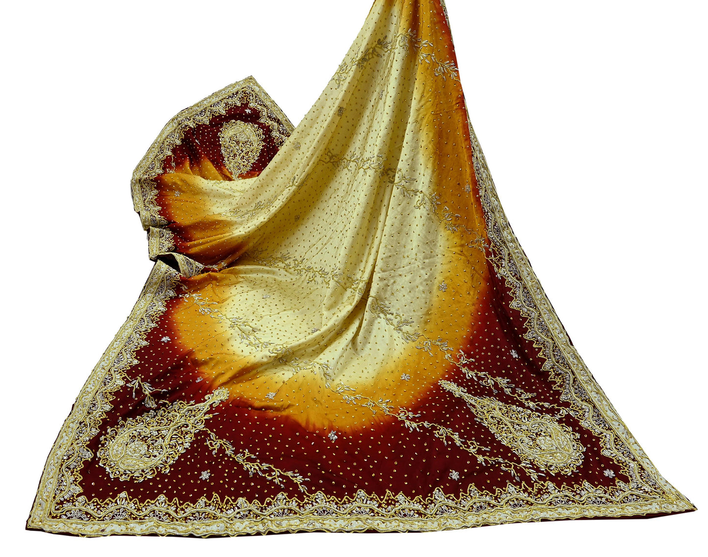 Indian Vintage Heavy Wedding Dupatta Pure Satin Silk Long Stole Hand Embroidered Scarves Golden Zardozi Veil