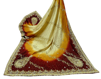 Indian Vintage Heavy Wedding Dupatta Pure Satin Silk Long Stole Hand Embroidered Scarves Golden Zardozi Veil