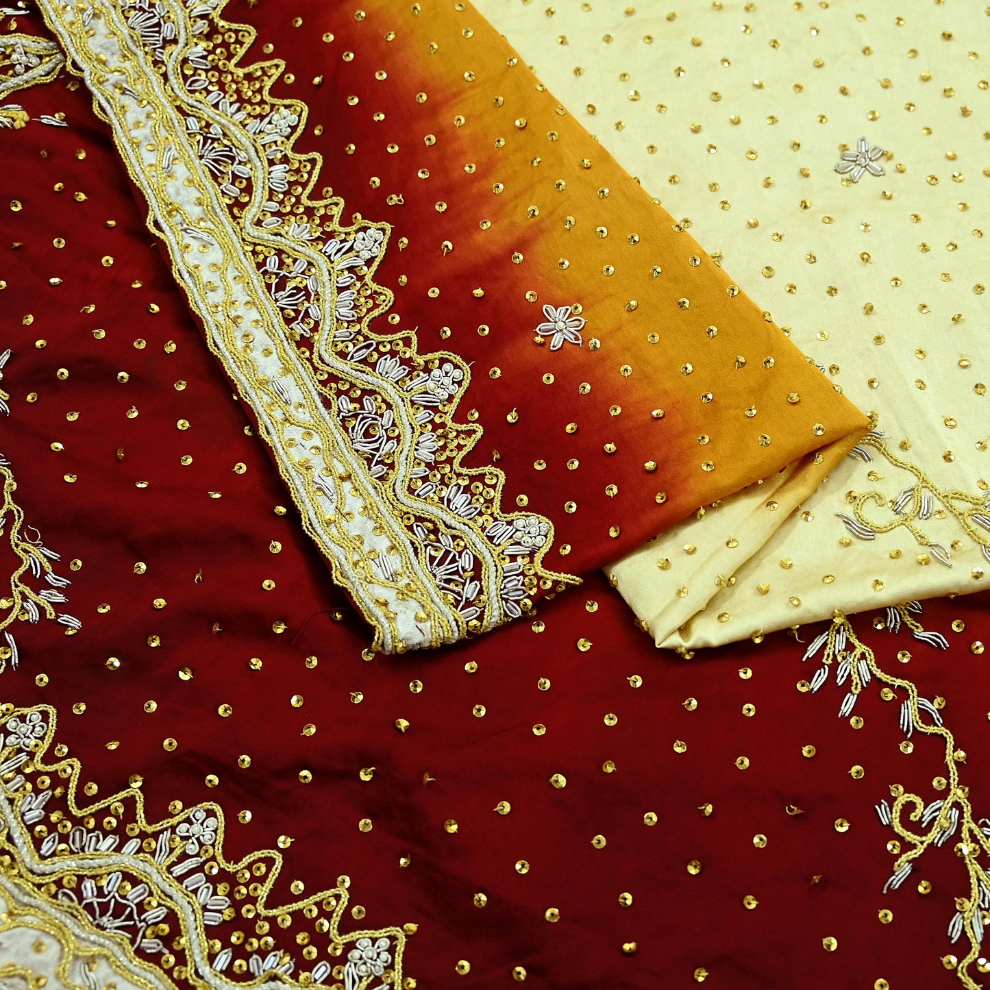 Indian Vintage Heavy Wedding Dupatta Pure Satin Silk Long Stole Hand Embroidered Scarves Golden Zardozi Veil