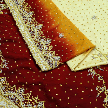 Indian Vintage Heavy Wedding Dupatta Pure Satin Silk Long Stole Hand Embroidered Scarves Golden Zardozi Veil