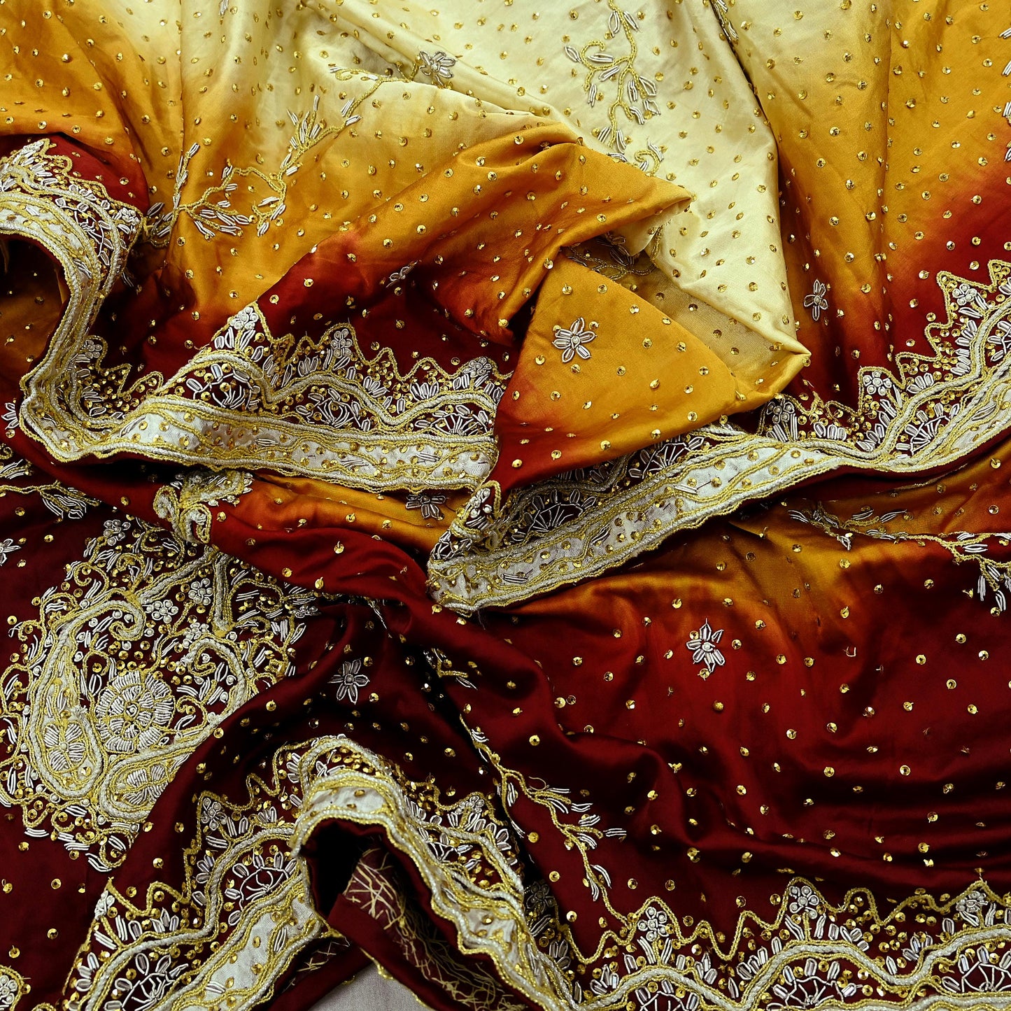 Indian Vintage Heavy Wedding Dupatta Pure Satin Silk Long Stole Hand Embroidered Scarves Golden Zardozi Veil