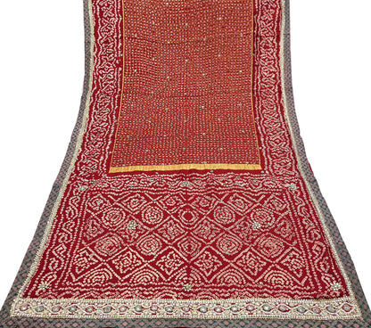 Indian Vintage Maroon Saree Hand Embroidered Bandhani Printed Sari 100% Pure Silk Indian Sari Fabric 5yard Soft Craft Fabric Beaded