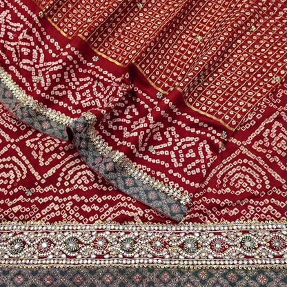 Indian Vintage Maroon Saree Hand Embroidered Bandhani Printed Sari 100% Pure Silk Indian Sari Fabric 5yard Soft Craft Fabric Beaded