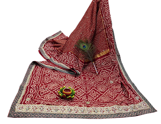 Indian Vintage Maroon Saree Hand Embroidered Bandhani Printed Sari 100% Pure Silk Indian Sari Fabric 5yard Soft Craft Fabric Beaded