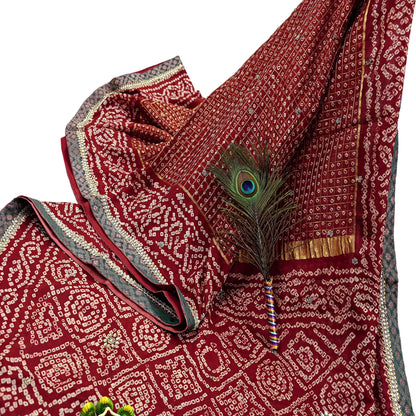 Indian Vintage Maroon Saree Hand Embroidered Bandhani Printed Sari 100% Pure Silk Indian Sari Fabric 5yard Soft Craft Fabric Beaded