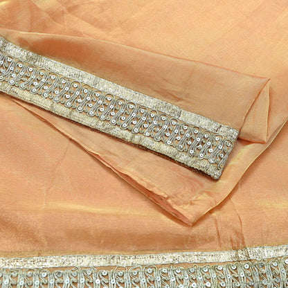 Indian Vintage Golden Peach Heavy Saree Hand Embroidered Designer Tissue Silk Sari Fabric 6Yd Ethnic Floral Zari Brocade border