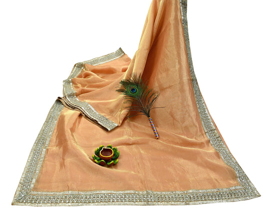 Indian Vintage Golden Peach Heavy Saree Hand Embroidered Designer Tissue Silk Sari Fabric 6Yd Ethnic Floral Zari Brocade border