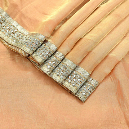 Indian Vintage Golden Peach Heavy Saree Hand Embroidered Designer Tissue Silk Sari Fabric 6Yd Ethnic Floral Zari Brocade border