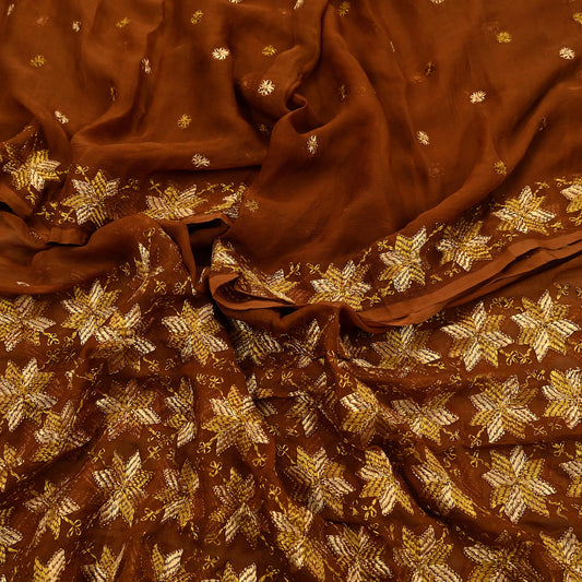Indian Vintage Brown Dupatta Long Stole Pure Chiffon Silk Hand Embroidered Bagh Phulkari Stole Scarves Golden lace