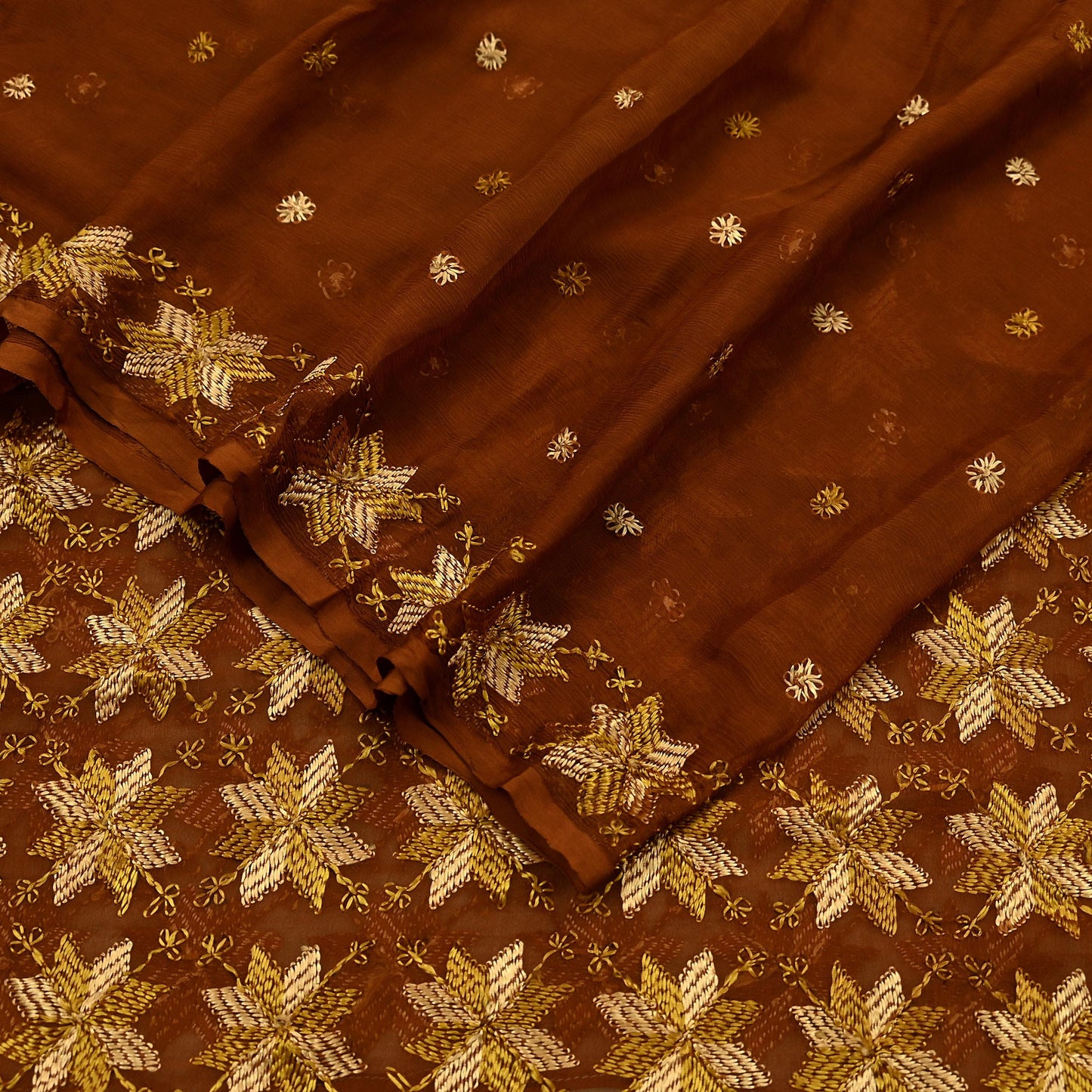 Indian Vintage Brown Dupatta Long Stole Pure Chiffon Silk Hand Embroidered Bagh Phulkari Stole Scarves Golden lace