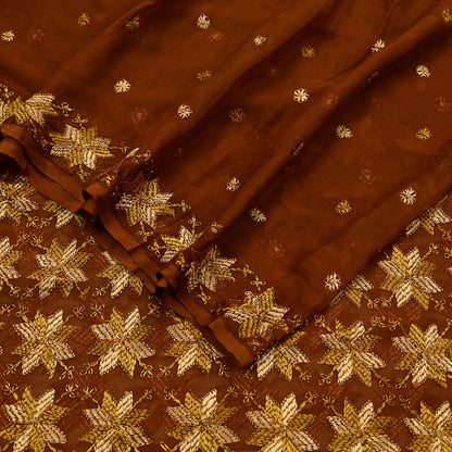Indian Vintage Brown Dupatta Long Stole Pure Chiffon Silk Hand Embroidered Bagh Phulkari Stole Scarves Golden lace