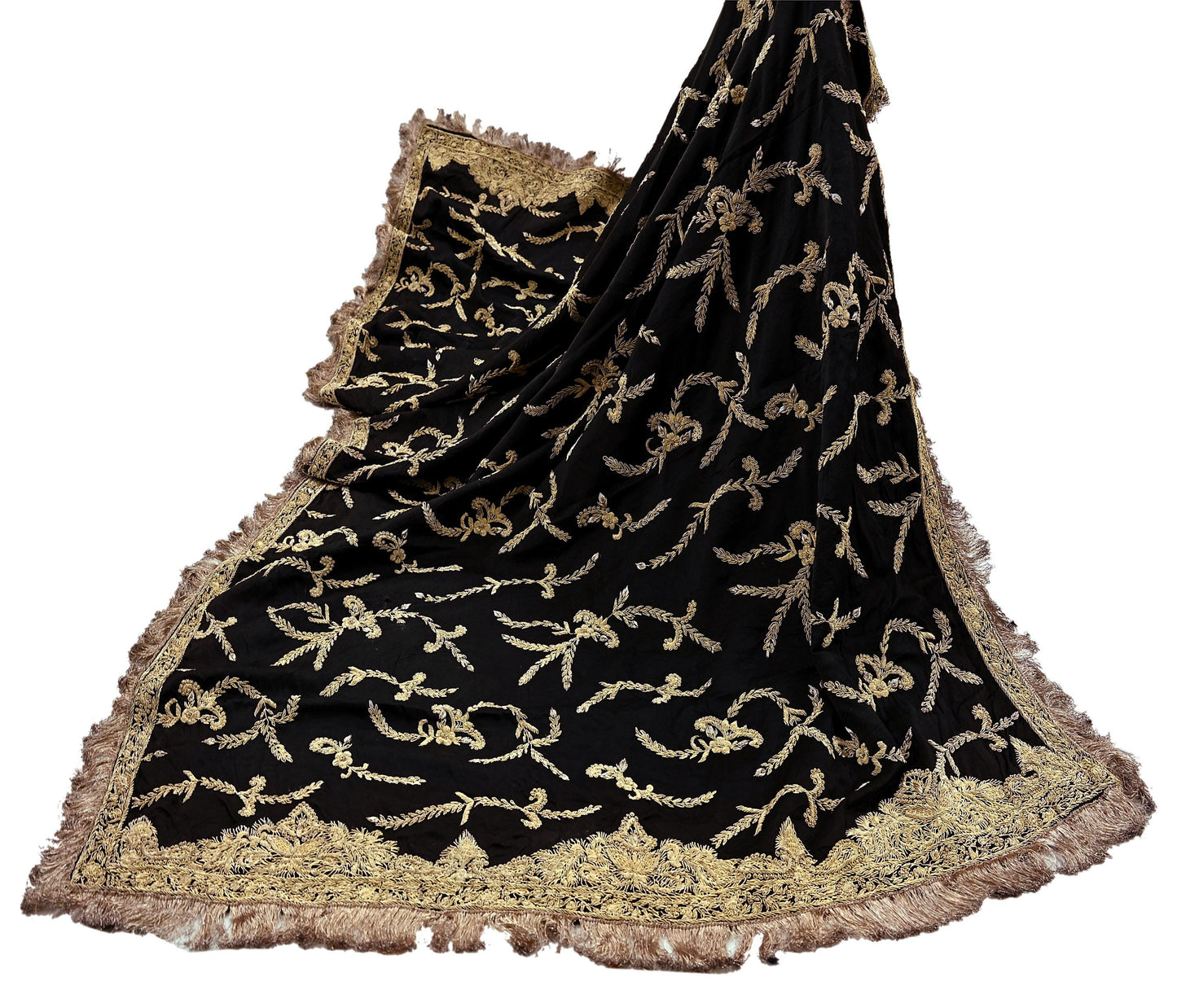 Indian Vintage Heavy Wedding Black Dupatta Pure Satin Silk Long Stole Hand Embroidered Scarves Golden Zardozi Veil Hijab Bridal Dupatta