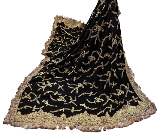 Indian Vintage Heavy Wedding Black Dupatta Pure Satin Silk Long Stole Hand Embroidered Scarves Golden Zardozi Veil Hijab Bridal Dupatta