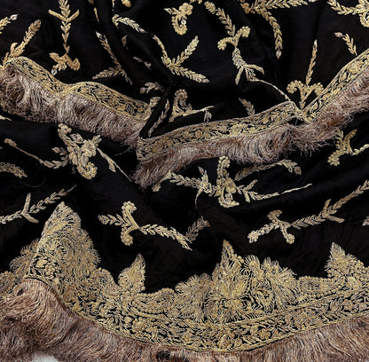 Indian Vintage Heavy Wedding Black Dupatta Pure Satin Silk Long Stole Hand Embroidered Scarves Golden Zardozi Veil Hijab Bridal Dupatta