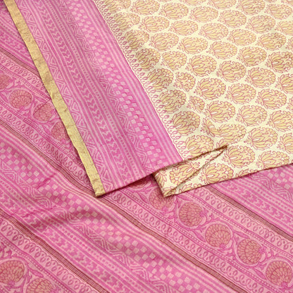 Indian Vintage Heavy Sari Beige & Pink Pure Khadi Silk Handloom Saree Craft Fabric 5yd Ethnic Wear Dress making For Crafting Quilting Sewing