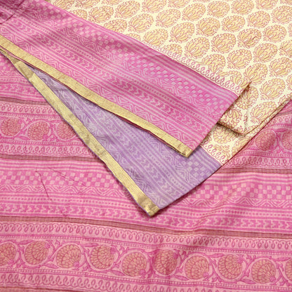 Indian Vintage Heavy Sari Beige & Pink Pure Khadi Silk Handloom Saree Craft Fabric 5yd Ethnic Wear Dress making For Crafting Quilting Sewing