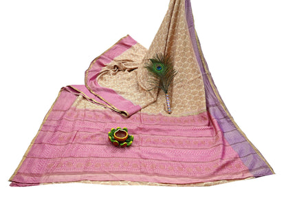 Indian Vintage Heavy Sari Beige & Pink Pure Khadi Silk Handloom Saree Craft Fabric 5yd Ethnic Wear Dress making For Crafting Quilting Sewing