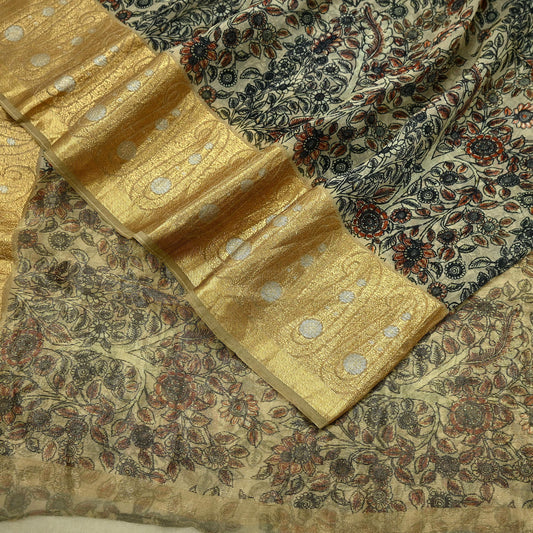 Indian Vintage Beige Sarees Pure Organza Silk Woven Sari Craft Fabric 5Yd Sewing Ethnic Zari Border Dress making For Crafting Quilting