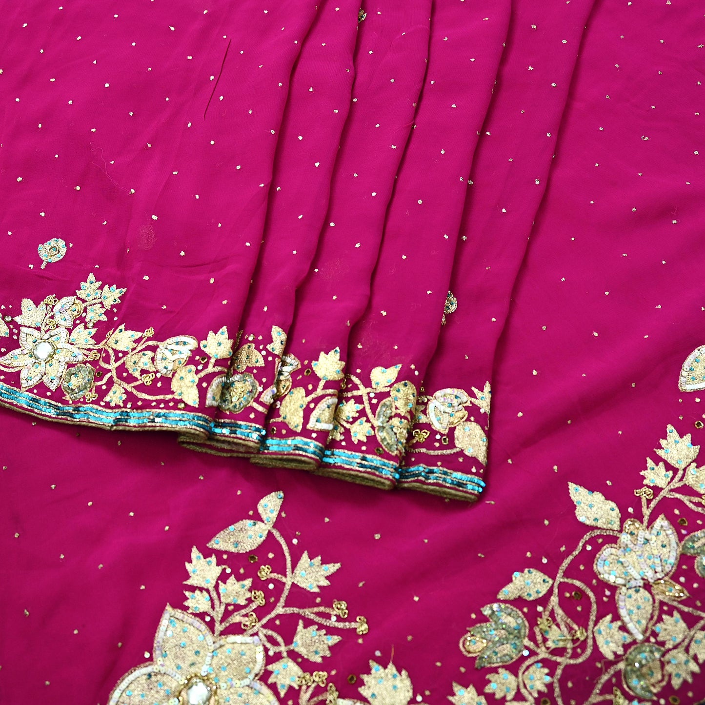 Indian Vintage Heavy Sarees Pink Pure Georgette Silk Hand Embroidered Sari Fabric 5Yd Sewing Ethnic Zardozi/dabka zari With Blouse Pcs