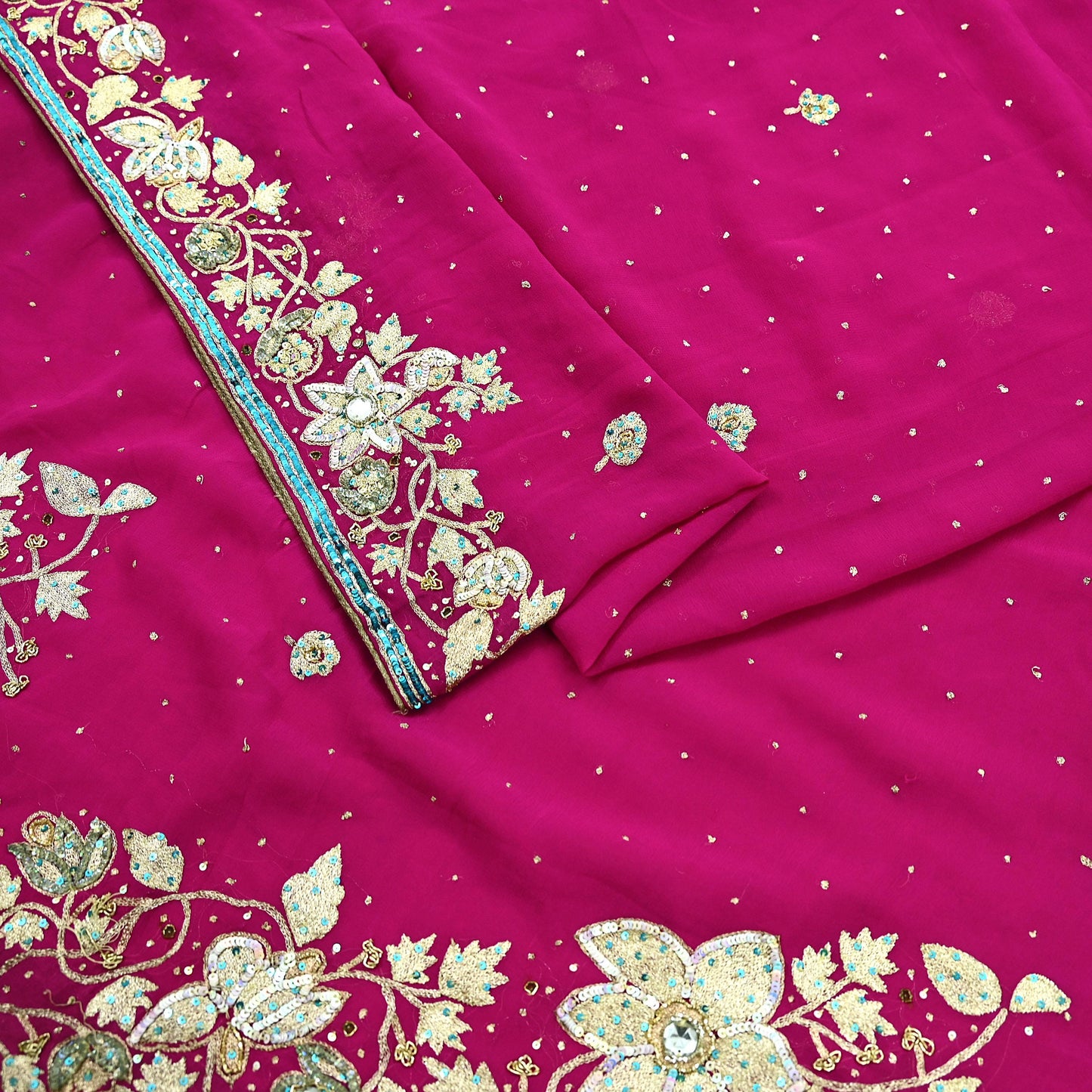 Indian Vintage Heavy Sarees Pink Pure Georgette Silk Hand Embroidered Sari Fabric 5Yd Sewing Ethnic Zardozi/dabka zari With Blouse Pcs