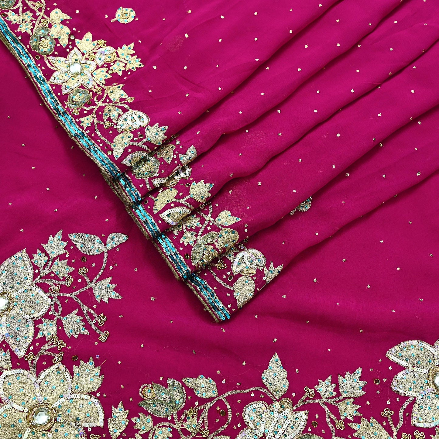 Indian Vintage Heavy Sarees Pink Pure Georgette Silk Hand Embroidered Sari Fabric 5Yd Sewing Ethnic Zardozi/dabka zari With Blouse Pcs