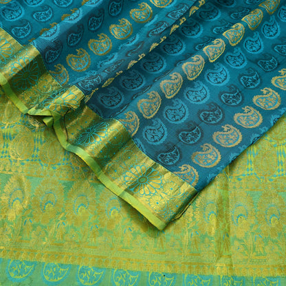 Indian Vintage Heavy Green Kanjivaram Saree 100% Pure Silk Sari Zari 6Yd Craft Fabric Floral Crafting Dress making Crafting Quilting