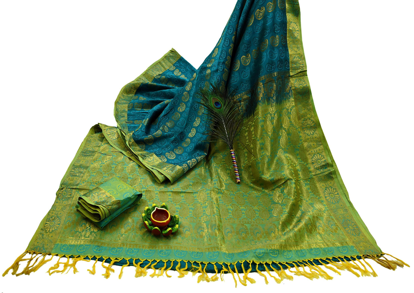 Indian Vintage Heavy Green Kanjivaram Saree 100% Pure Silk Sari Zari 6Yd Craft Fabric Floral Crafting Dress making Crafting Quilting