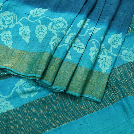 Indian Vintage Blue Saree Pure Khadi Silk Handloom Woven Zari Sari Craft Fabric 5yd Ethnic Wear Border Dress making Upcycle Fringes