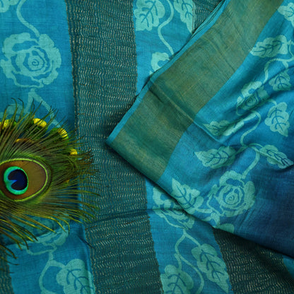 Indian Vintage Blue Saree Pure Khadi Silk Handloom Woven Zari Sari Craft Fabric 5yd Ethnic Wear Border Dress making Upcycle Fringes